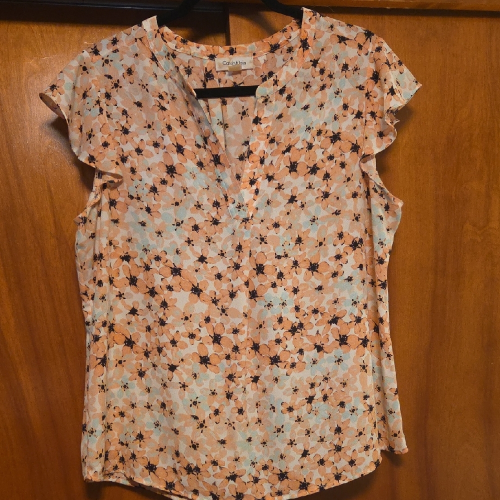 Calvin Klein Women's Floral Blouse - Peach and Light Blue